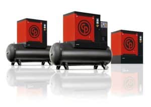 Industrial air compressors with tanks and red casings.